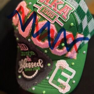 Green and Pink Embellished Baseball Cap with Navy Laces